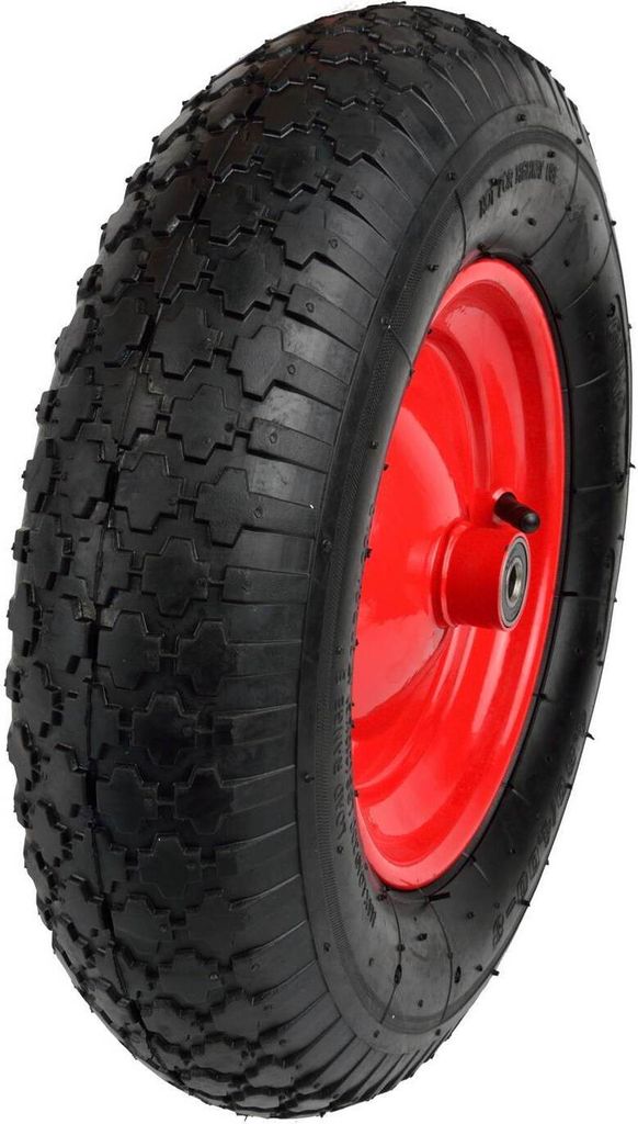 A close-up studio shot of a wheel with a red rim and a black tire.