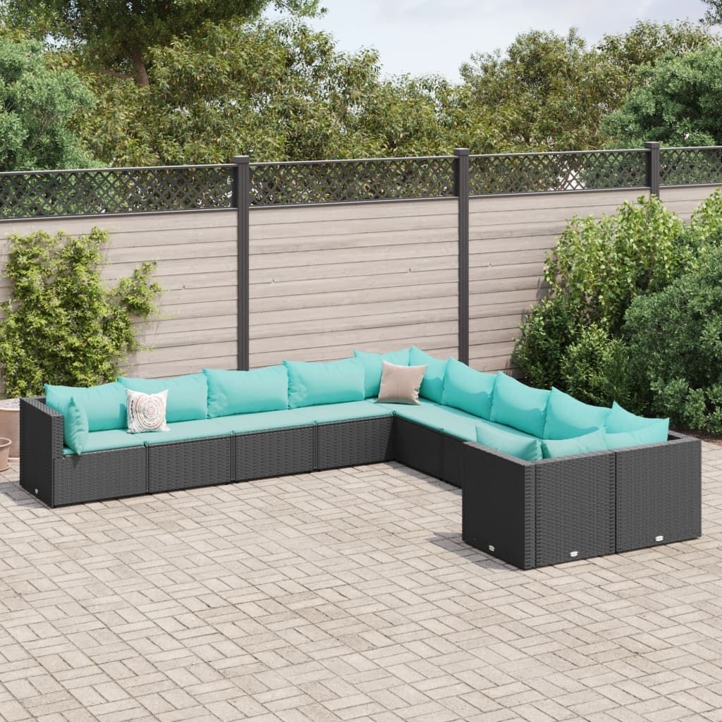 Eleganten-Stil 10-tlg. Terassenmöbel/Garten-Sofagarnitur mit Kissen Schwarz Poly Rattan - Gartenmöbelset cloris4629707