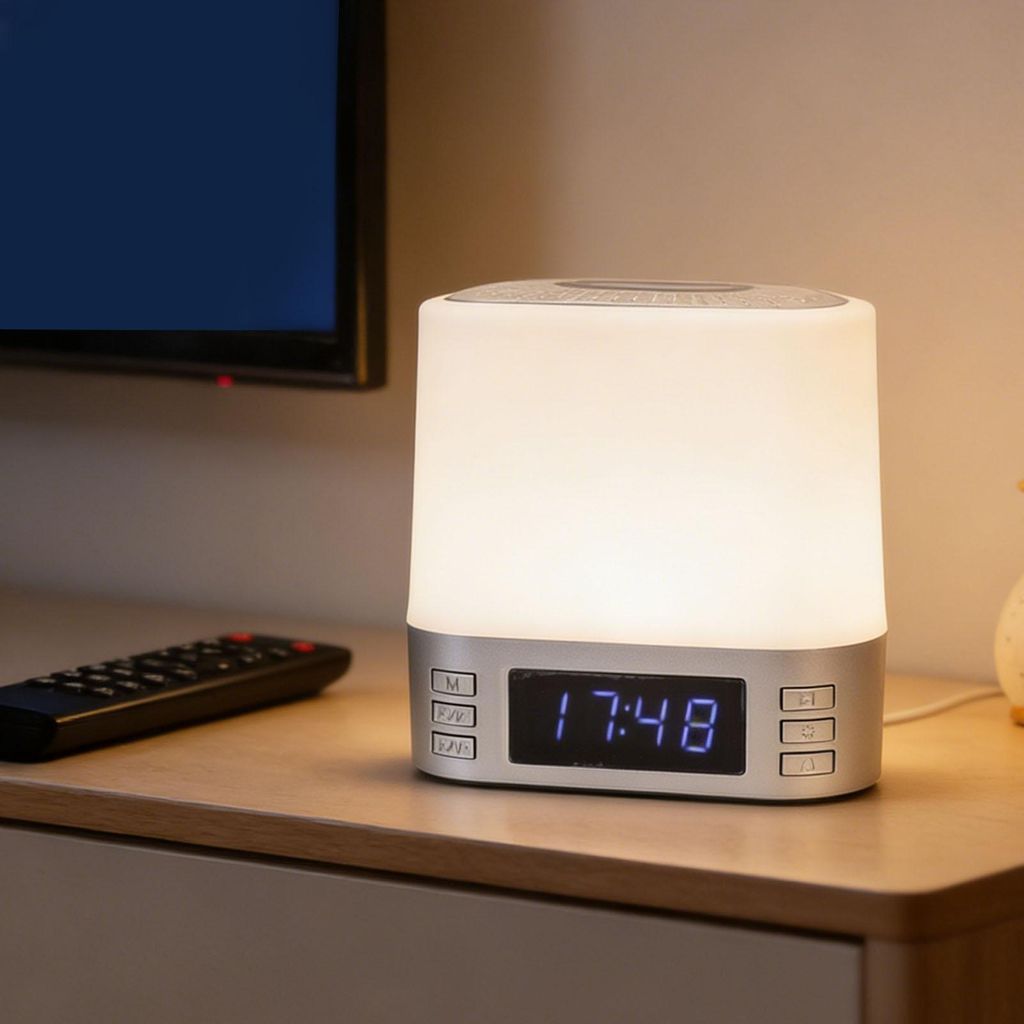 Uhr Lautsprecher Kabelloses Ladegerät Schlafzimmer Digital Bluetooth Weißes Rauschen Soundmaschine Wecker Nachtlicht Silber