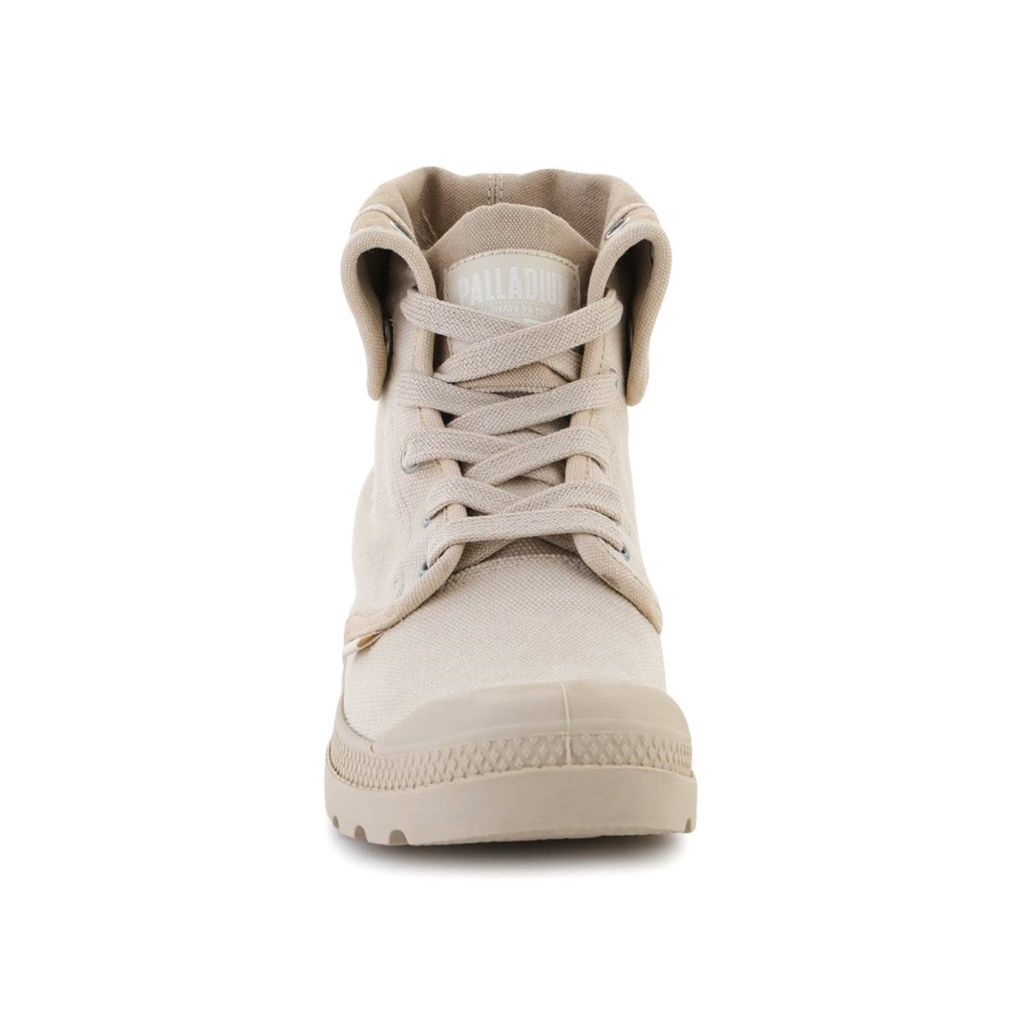 A front view of a beige Palladium boot.