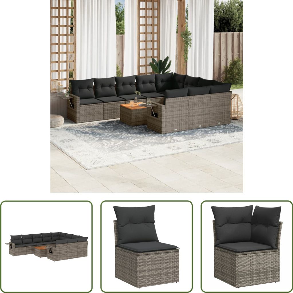 The Living Store 11-tlg. Garten-Sofagarnitur mit Kissen Grau Poly Rattan