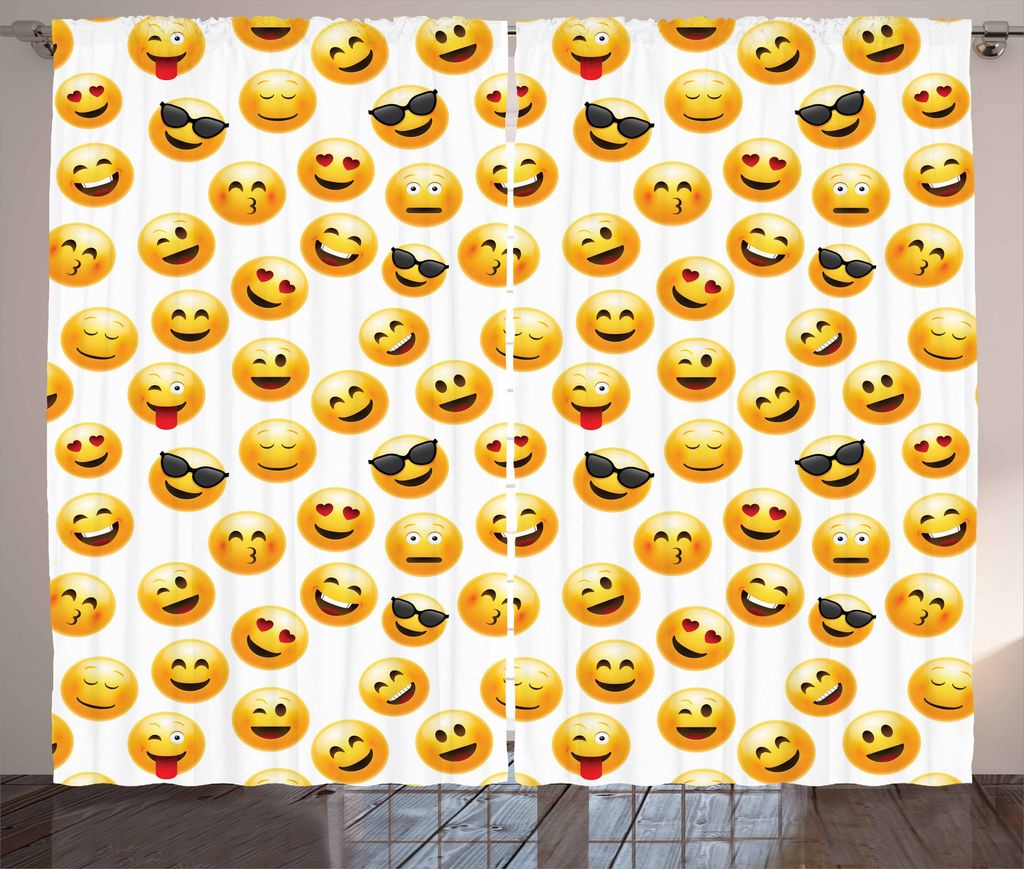 ABAKUHAUS emoji Rustikaler Vorhang, Lächelnde Gesichter Gefühle Kunst, Wohnzimmer Universalband Gardinen mit Schlaufen und Haken, 280 x 175 cm, S...