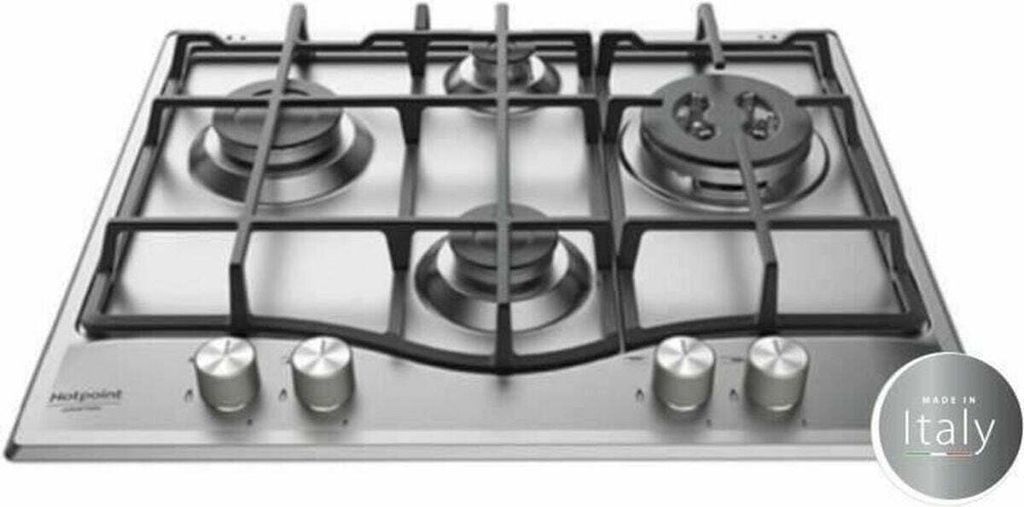 A stainless steel gas hob with four burners and control knobs in the foreground.