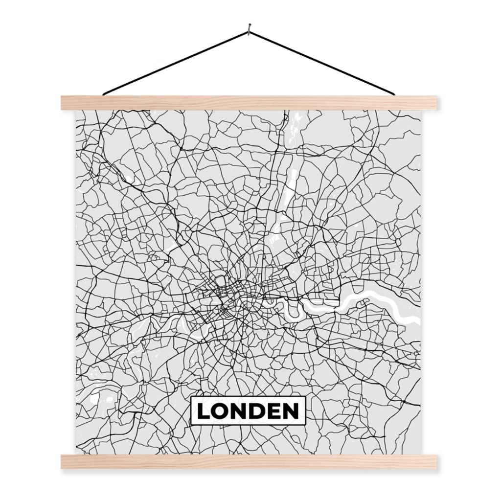 MuchoWow Textilposter London - Stadtplan - Schwarz und Weiß - Karte 60x60 cm mit holzfarbenen Rahmen - Wanddekoration