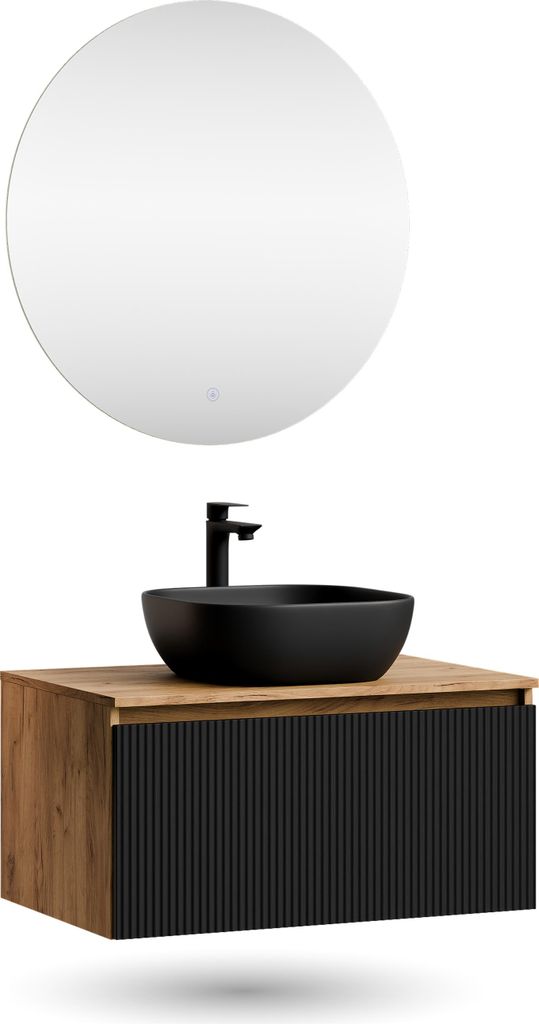 Planetmöbel ARISA Badmöbel Set Schwarz Geriffelt – Mit Nova LED Spiegel und schwarzem Keramik-Aufsatzwaschbecken 42 cm
