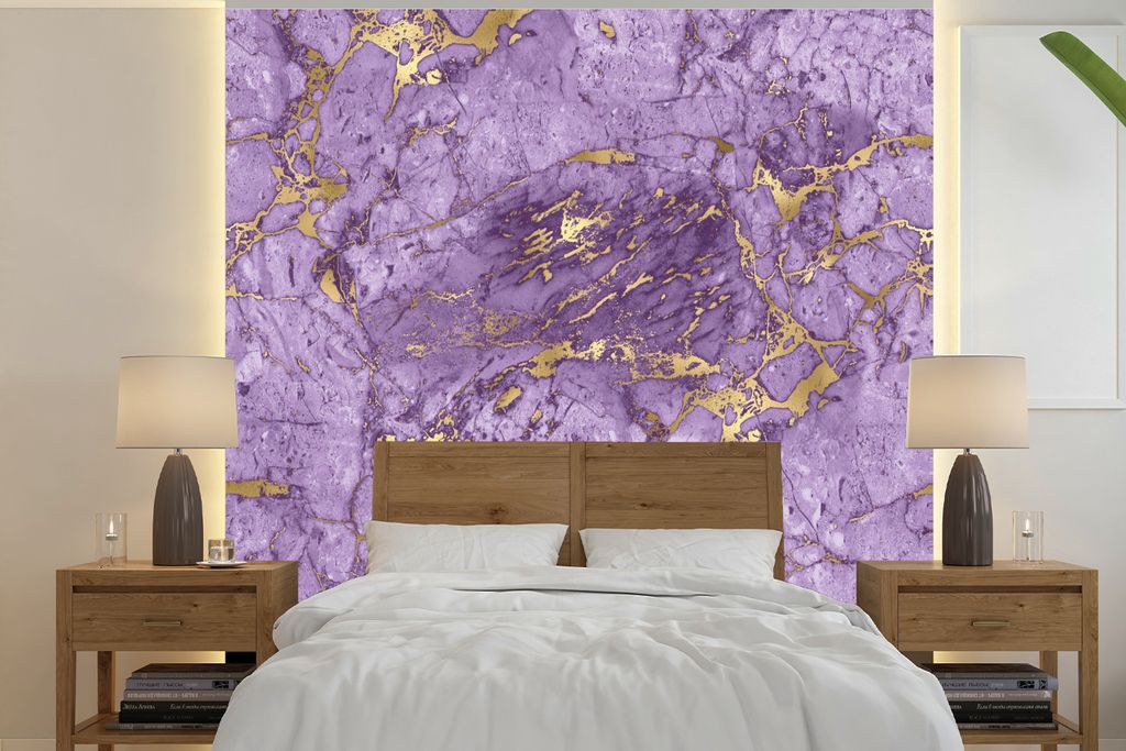 MuchoWow Fototapete für Wohnzimmer oder Schlafzimmer Wandtapete Vinyl Motivtapete Marmor - Muster - Lila - Gold - 350x350 cm - Schlafzimmertapete
