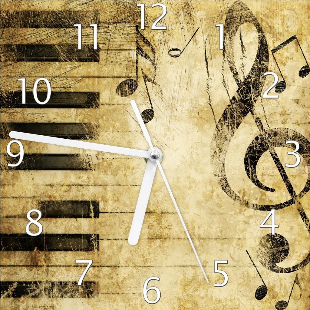 Wallario Design Wanduhr Musik als Leidenschaft Notenschlüssel in braun aus Echtglas, Größe 20 x 20 cm
