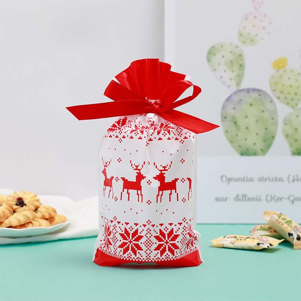 50 Stück Weihnachts Geschenkbeutel Mit Kordelzug - Rentiermotive Für Süßigkeiten