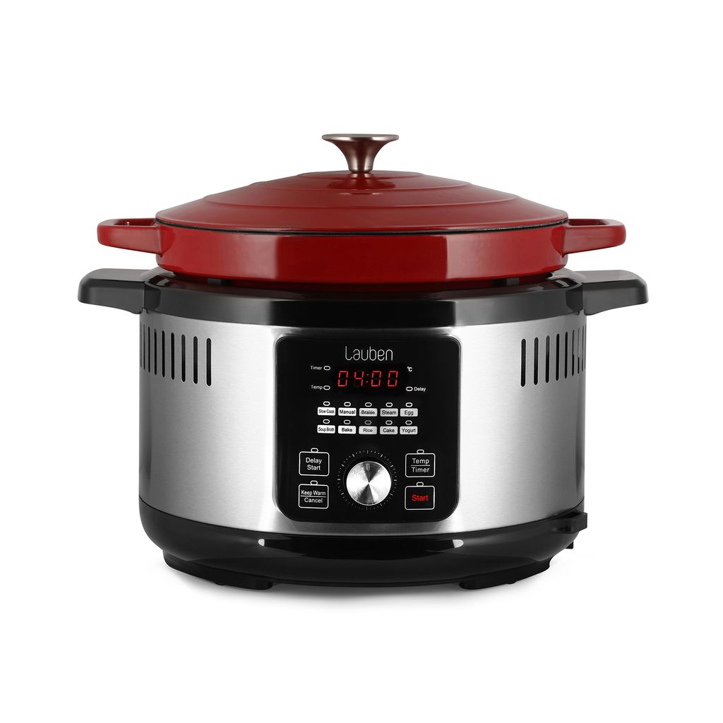 A standalone kitchen appliance with a red lid and a silver body.