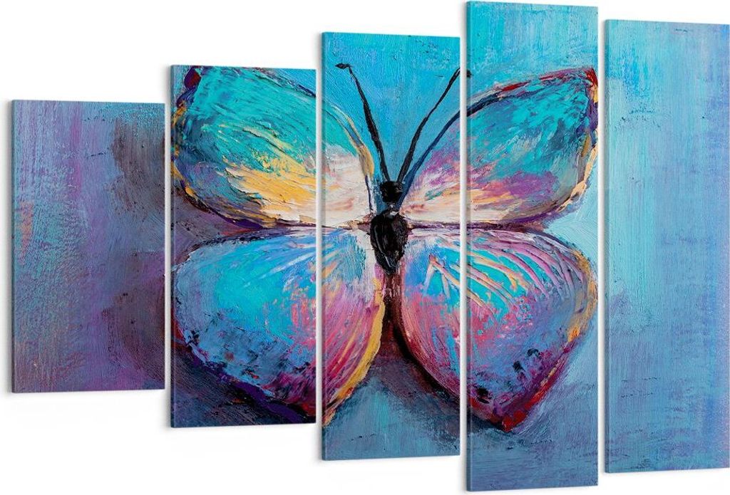 Bild auf Leinwand - Leinwandbild - 5 Teile - Handschriftlich Schmetterling Blau - 150x100cm Wand Bild Wanddeko Wandbilder Leinwanddruck Bilder Wand...