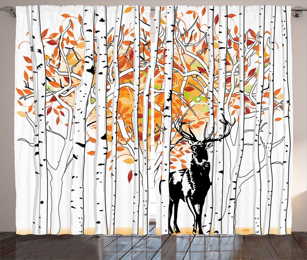 ABAKUHAUS Hirsch Rustikaler Gardine, Bäume Laub Wildnis, Schlafzimmer Kräuselband Vorhang mit Schlaufen und Haken, 280 x 245 cm, Orange Grün und...