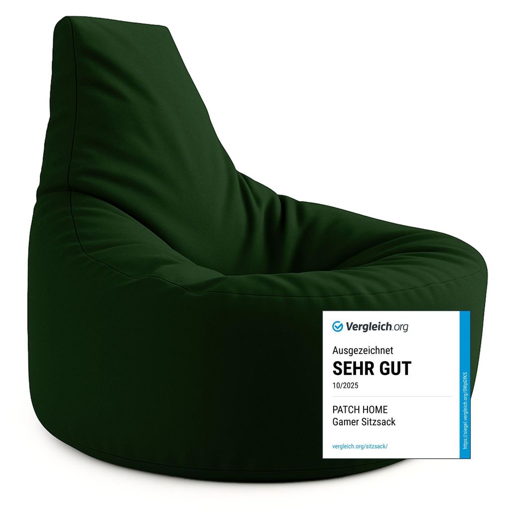 A dark green beanbag chair is shown against a white background.