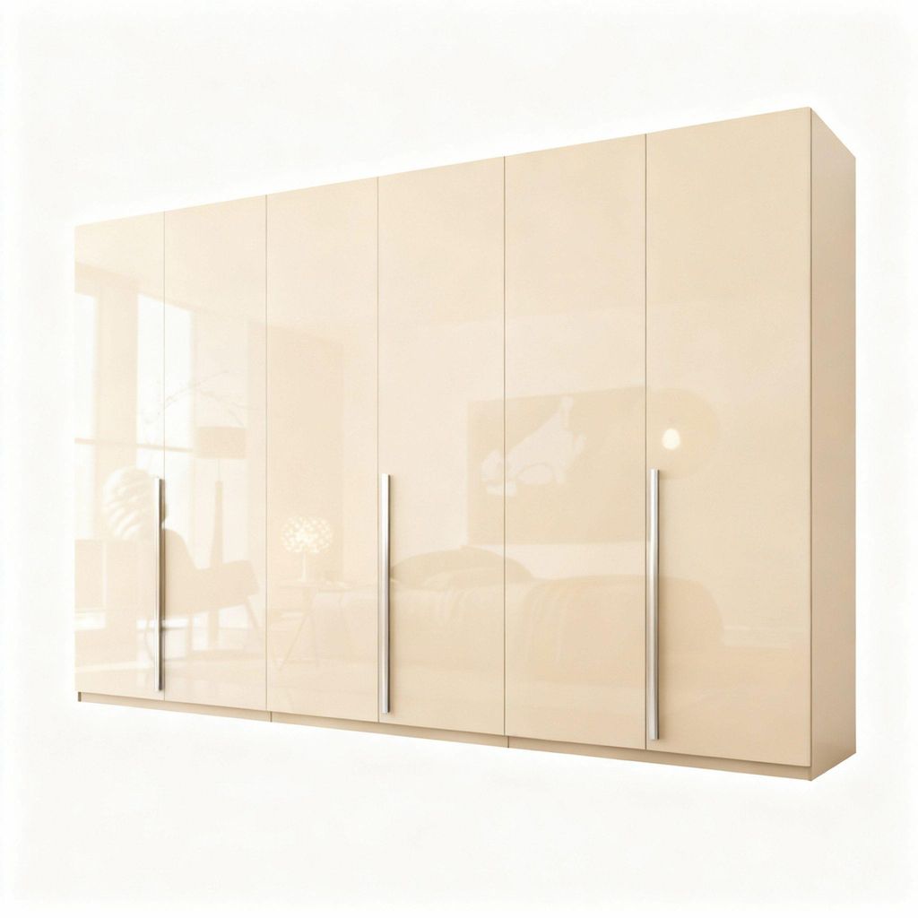 Kleiderschrank Prince 6‐türig Beige Hochglanz Griffe in Chromfarben (Spar-Set) Maße ca.: Breite: 300cm / Tiefe: 62cm / Höhe: 218cm