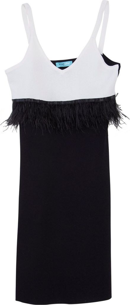Federkleid Damenkleid, Spaghettiträger, Federbesatz, Weiß-Schwarz, schlanker Schnitt