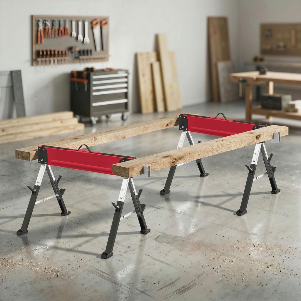Arbeitsbock 2er Set klappbar, Sägebock Gerüstbock Metall höhenverstellbar, Rot | 64–81 cm | 7 Stufen | bis 1160 kg