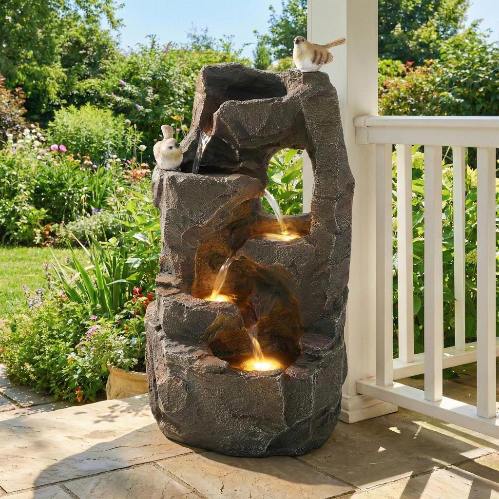 Merax LED Gartenbrunnen mit Pumpe und warmweißem Licht, Natur-Zen Außenbrunnen, Tischbrunnen aus Harz für Garten, Terrasse & Balkon, Steingrau