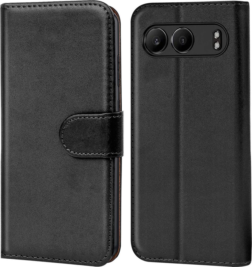 A black flip case for a smartphone, shown from the front and back.