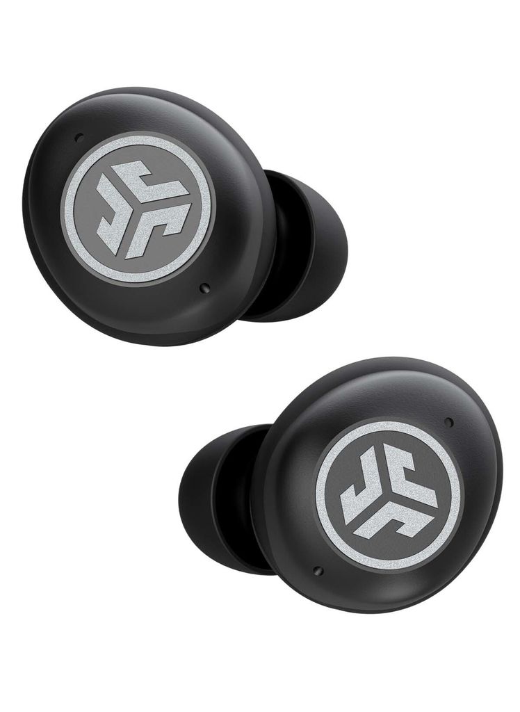 A pair of black wireless earbuds with a silver logo on a white background.