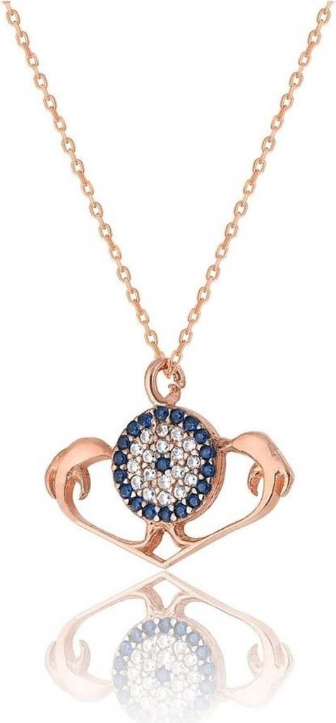 925 Silber Kette Doppel Delfin Nazar Auge – Damen Collier mit Zirkonia Rosegold Anhänger