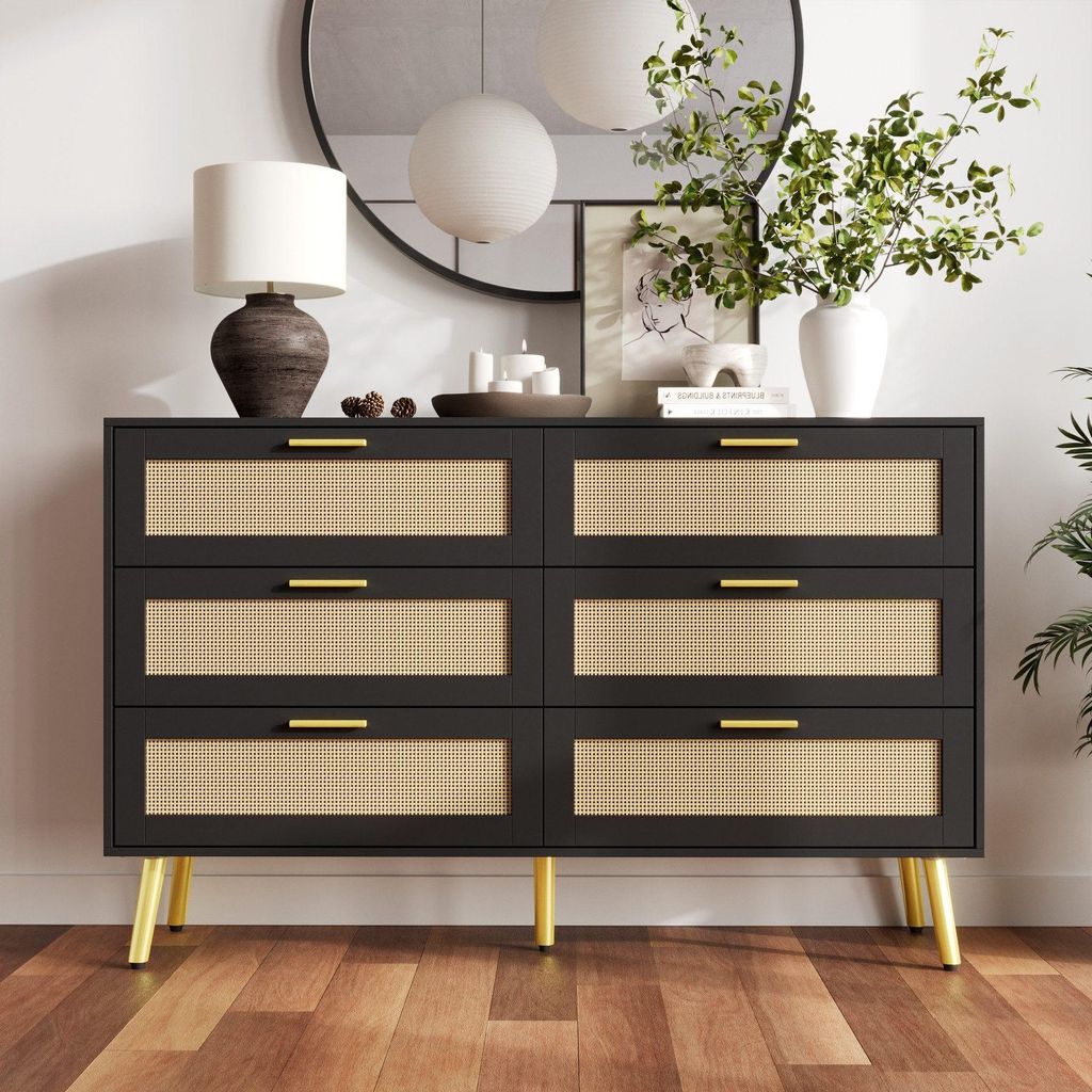 Kommode mit 6 Schubladen, Sideborad mit Rattan-Schubladenfronten, Goldenen Griffen, Goldenen Holzbeinen, Schwarz, MDF, 120 × 34 × 73 cm