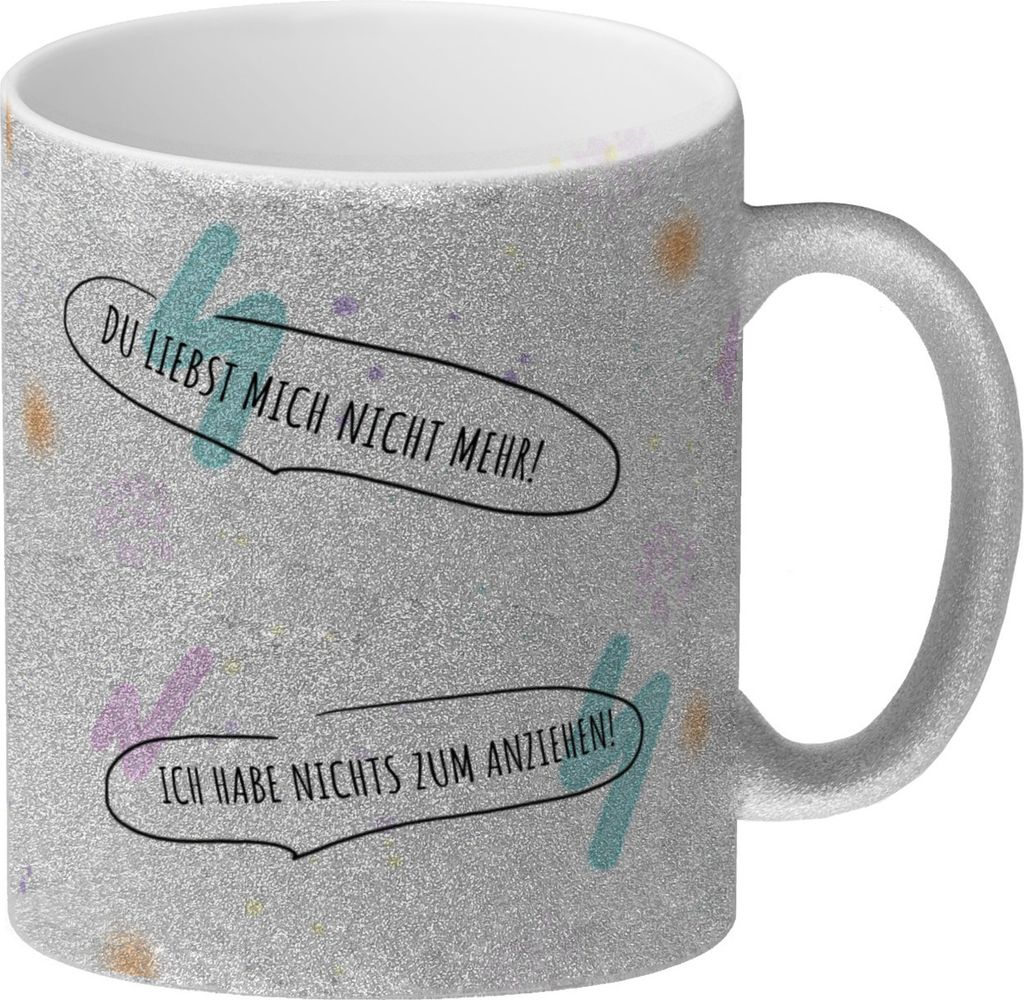 Glitzer-Kaffeebecher mit unzufriedenem, traurigem Hasen und witzigen Sprüchen