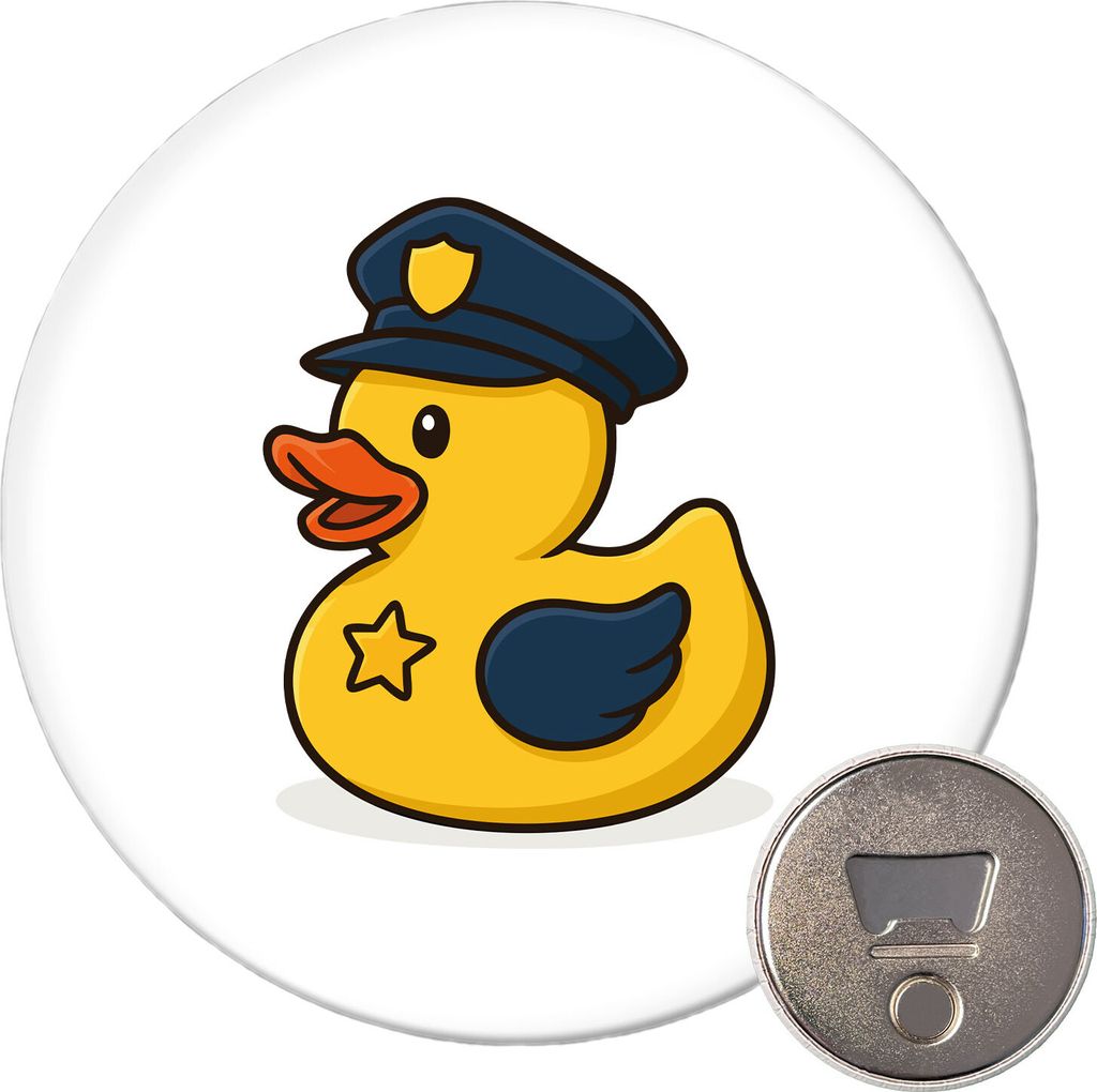 Huuraa Magnet Quietscheente Polizei Comic Gummiente 59mm Kühlschrankmagnet rund Flaschenöffner Geschenkidee