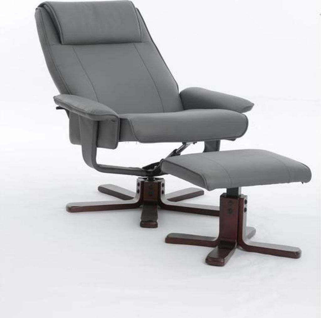 Happy Home Relaxsessel mit Hocker und Holzbeinen verstellbar 360 Grad drehbar ergonomischer Fernsehsessel bis 136 kg belastbar grau Wohnzimmer