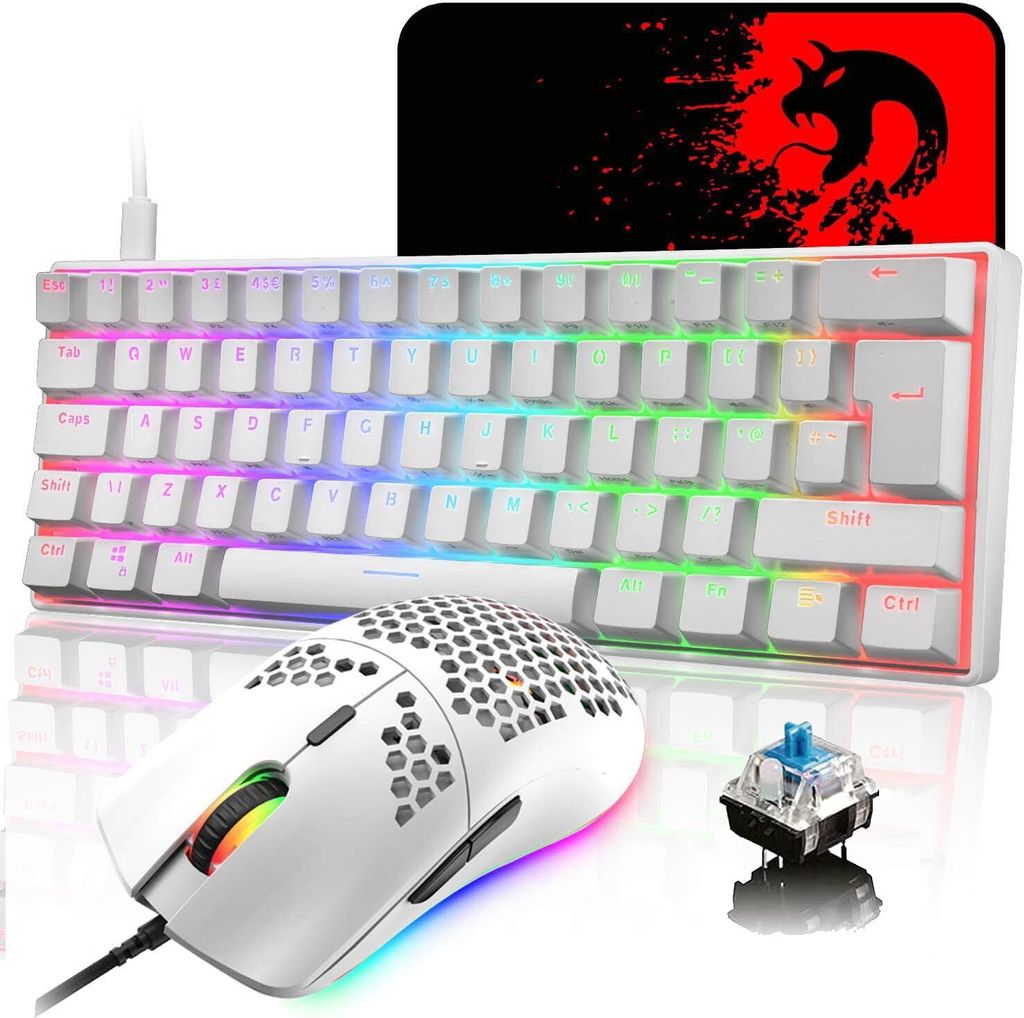 RGB 60% Mechanische Tastatur, 62 Tasten Wired Beleuchtung Gaming-Tastatur UK Layout + 6400 DPI Ultraleicht Gaming Maus + Mauspad für PS4, Xbox, PC