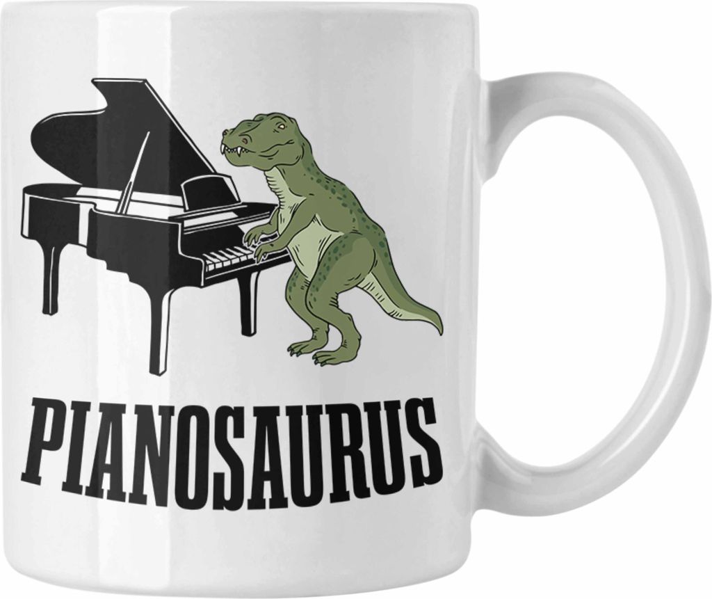 Trendation - Pinaosaurus Piano-Spieler Tasse Geschenk Klavier Kaffee-Becher (Weiß)