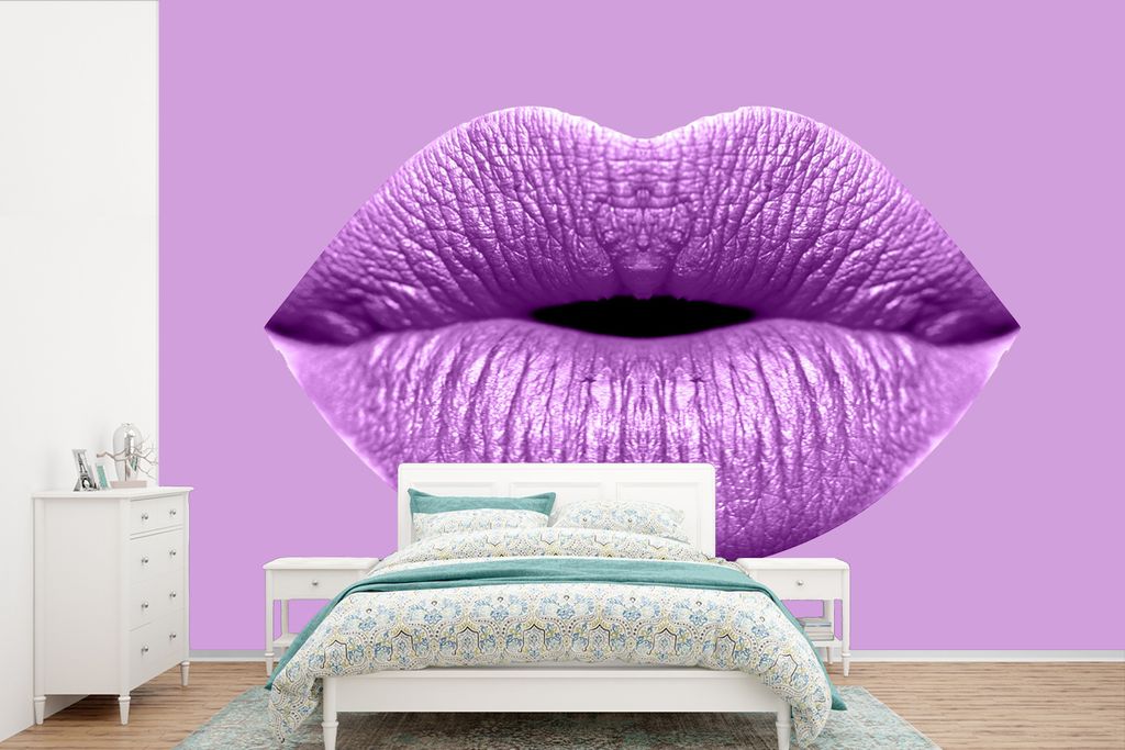 MuchoWow Fototapete für Wohnzimmer oder Schlafzimmer Wandtapete Vinyl Motivtapete Lippen - Pastell - Lila - 450x300 cm - Gemusterte