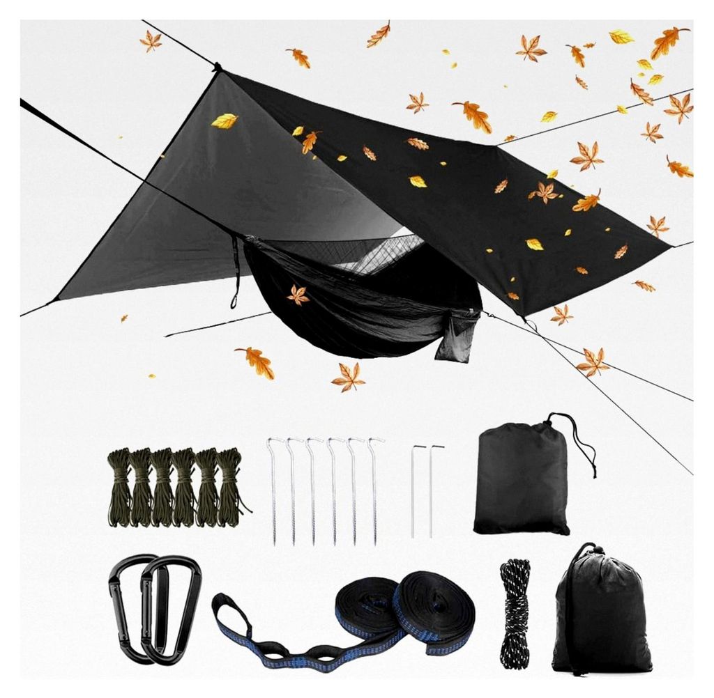 Überdimensionale Regen-Seilplane und Camping-Hängematte mit Moskitonetz, tragbare Einzel- und Doppel-Hängematte mit Baumgurt, Hängematten-Set f...