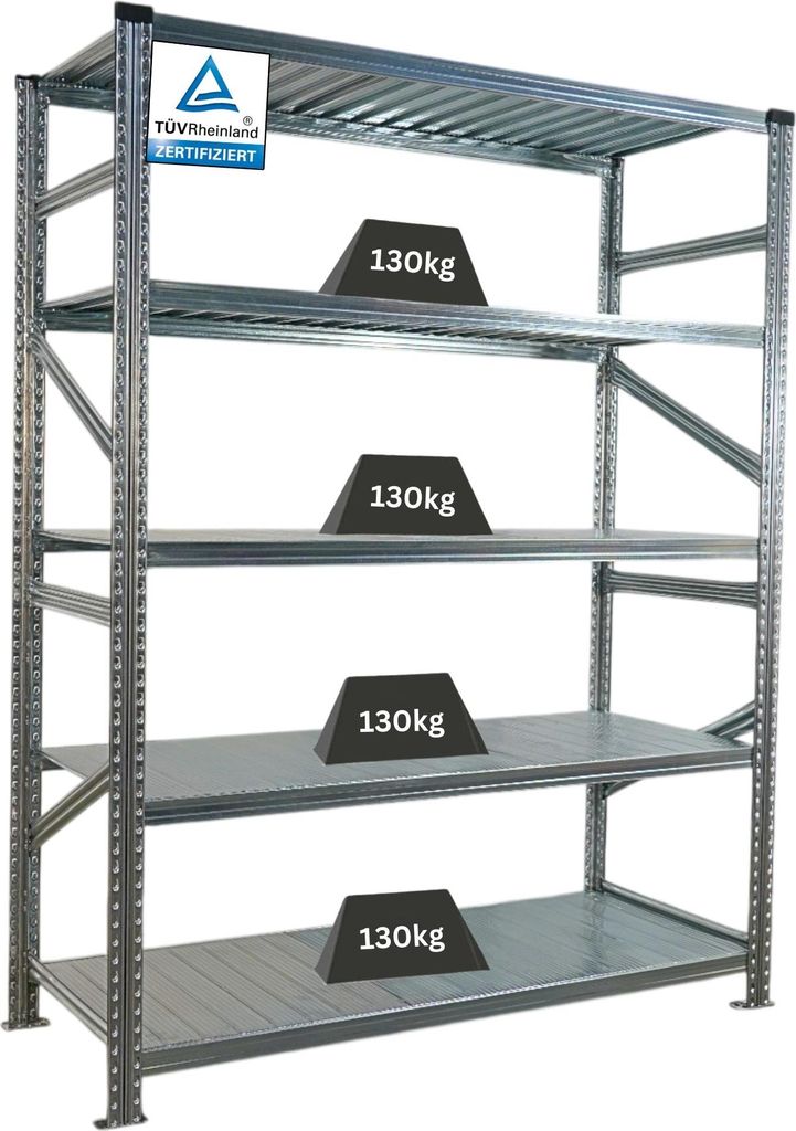 Fachbodenregal PROXIMO mit Stecksystem | Grundregal | HxBxT 200x150x70cm | 5 Ebenen | Fachlast 130 kg | Beidseitig nutzbar | Verzinkt