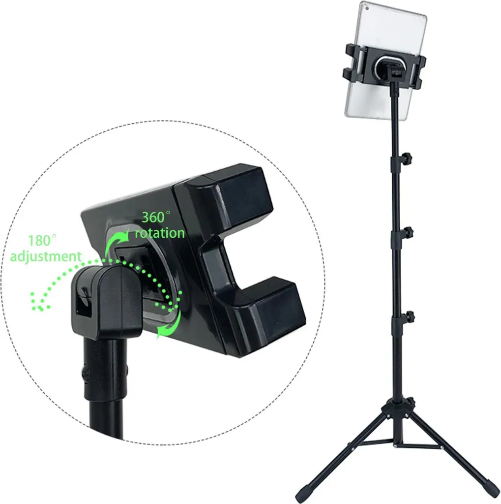 Supporto per tablet e smartphone - Treppiede da pavimento - Regolabile in altezza - Metallo - Per dispositivi da 20-33 cm - Verde oliva