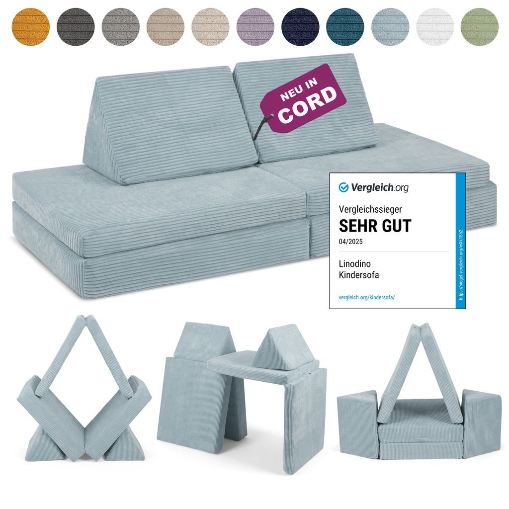 Linodino Spielsofa Cord - Kindersofa | Kinder Couch als Kuschelecke und Indoor Spielplatz | Kinder Sofa aus Schaumstoff Bausteinen I Einhornblau