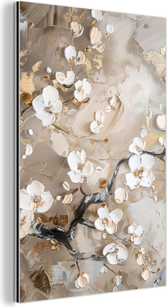 MuchoWow Wanddekoration Metall Metallbild Wandkunst 100x150 cm Blumen - Weiß - Gold - Beige - Luxus MuchoWow Aluminium Gemälde - Bild