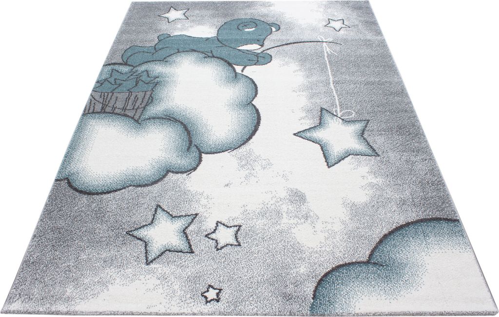 Kinder Teppich Kinderzimmer für Jungs und Mädchen Blau 140x200 weich Bären-Design bunt aus Regenbogen Fußball uvm. Rechteck aus Polypropylen