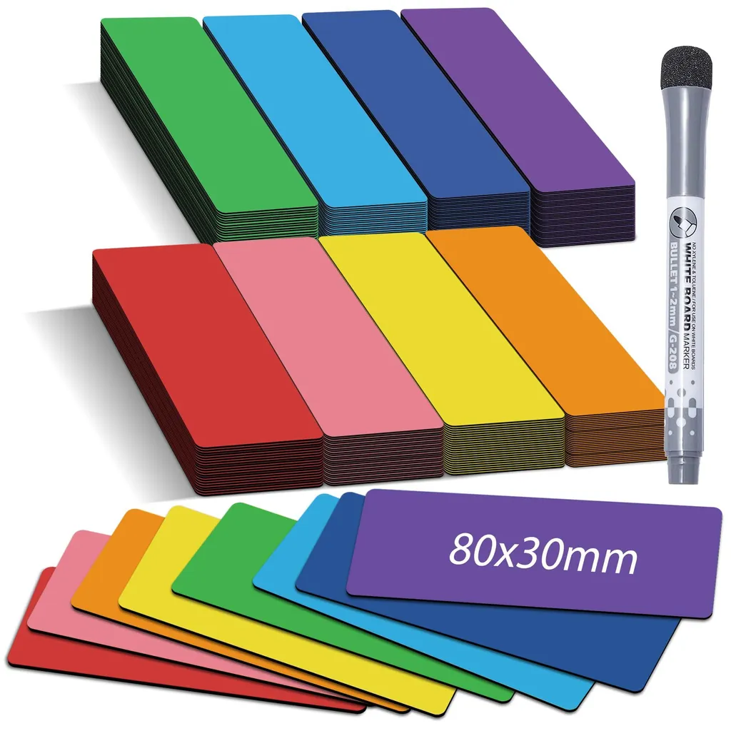 50 Bandes Magnétiques Inscriptibles 8x3 cm avec Marqueur pour Tableau