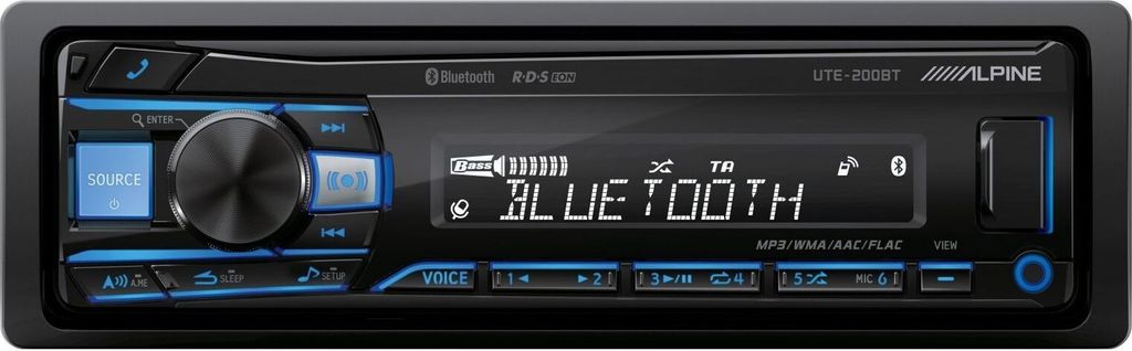 A close-up, front-facing view of a car stereo system.