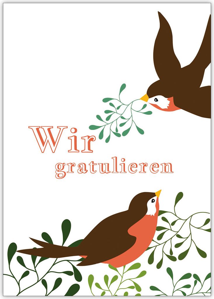 Nette Glückwunschkarte mit Vögeln und Misteln: Wir gratulieren in orange