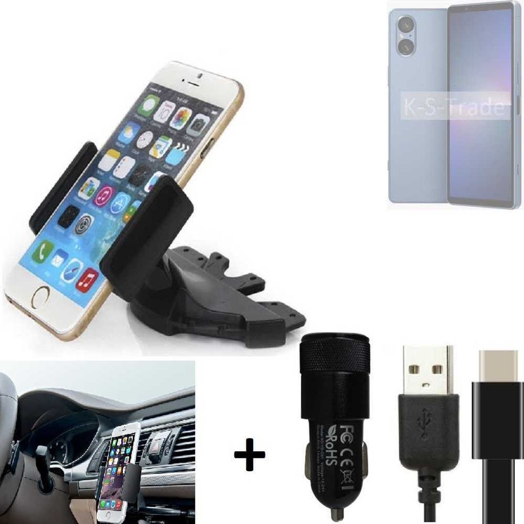 K-S-Trade CD Schlitz Handy-Halterung kompatibel mit Sony Xperia 5 V Autohalterung KFZ-Halter Radio Handy Halterung 360° drehbar CD-Schacht inkl.