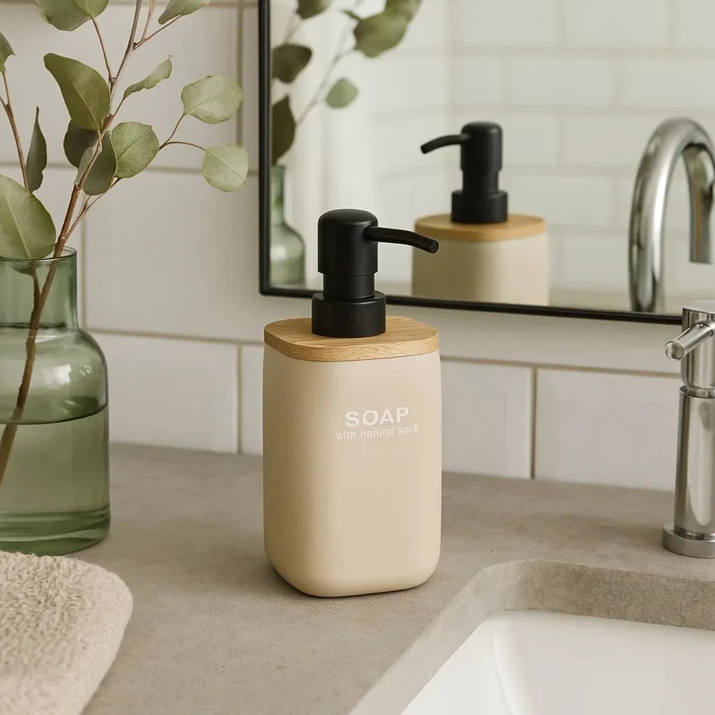 Dispenser Di Sapone In Ceramica Riciclata 400 Ml Beige - Erogatore Per Lozioni Mani Con Pompa - Per Cucina E Bagno - Design Naturale Antiscivolo
