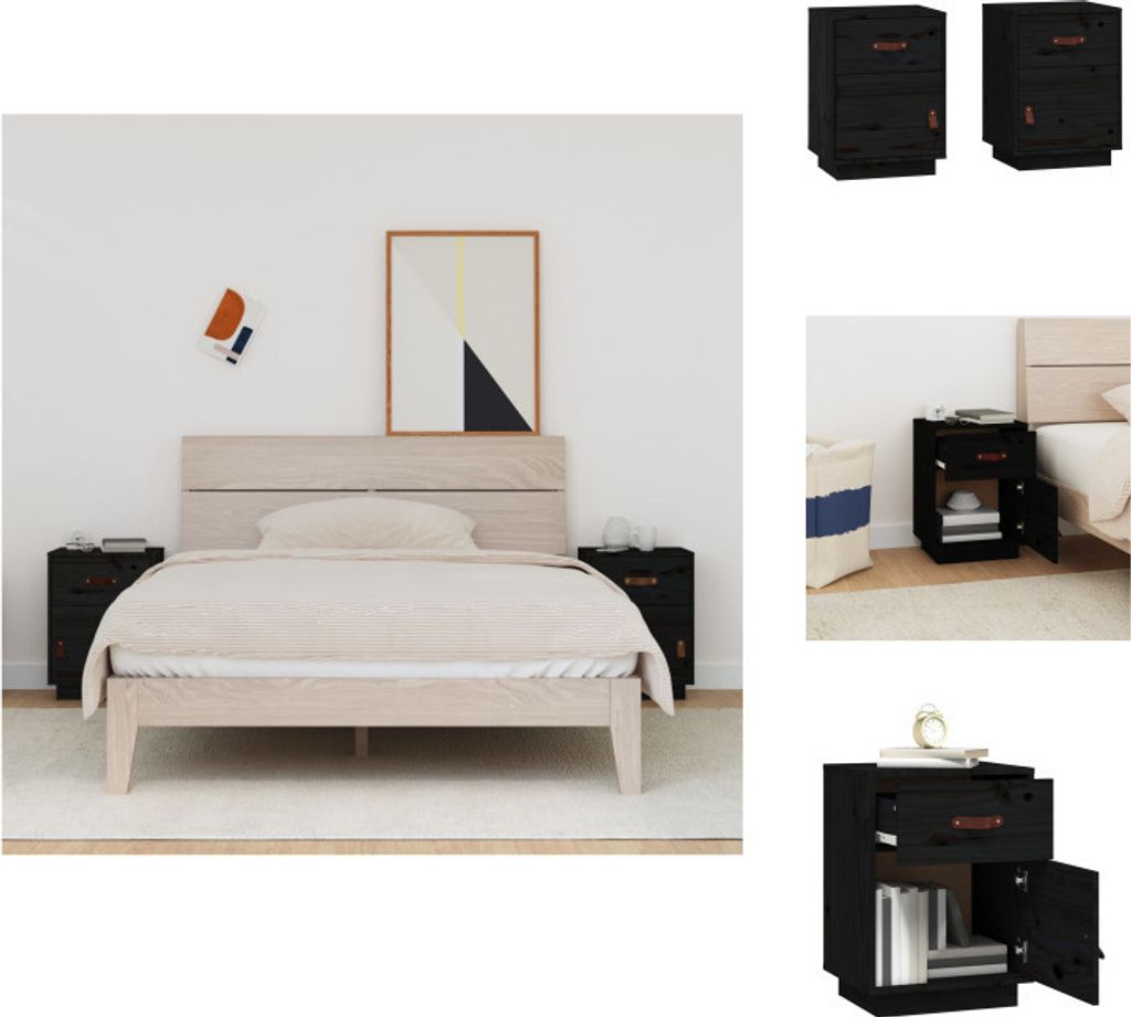 vidaXL Nachttische 2 Stk. Schwarz 40x34x55 cm Massivholz Kiefer - Nachttische
