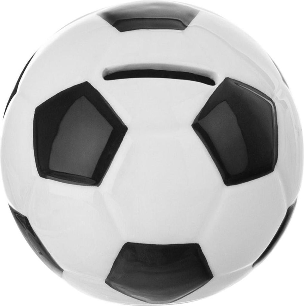 A close-up studio shot of a piggy bank shaped like a soccer ball.
