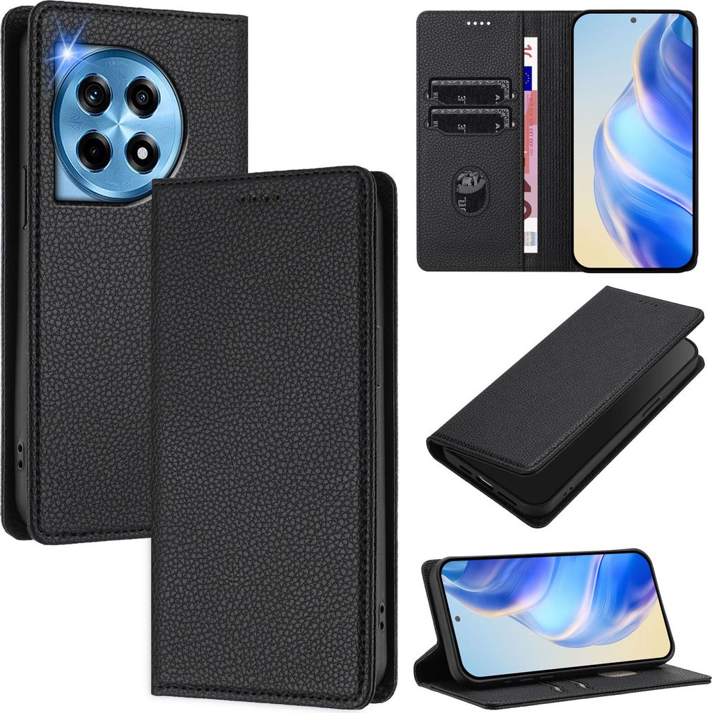 Litchi Leder Handyhülle für OnePlus 12R Wallet Kartenfächer Standfunktion Hülle Schwarz