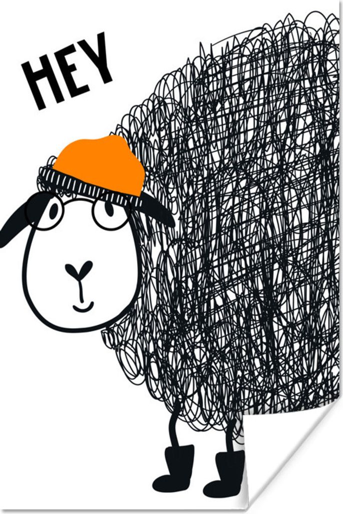 MuchoWow Poster Illustration für Kinder mit dem Zitat 'Hey' und einem Schaf 80x120 cm - Papierdruck