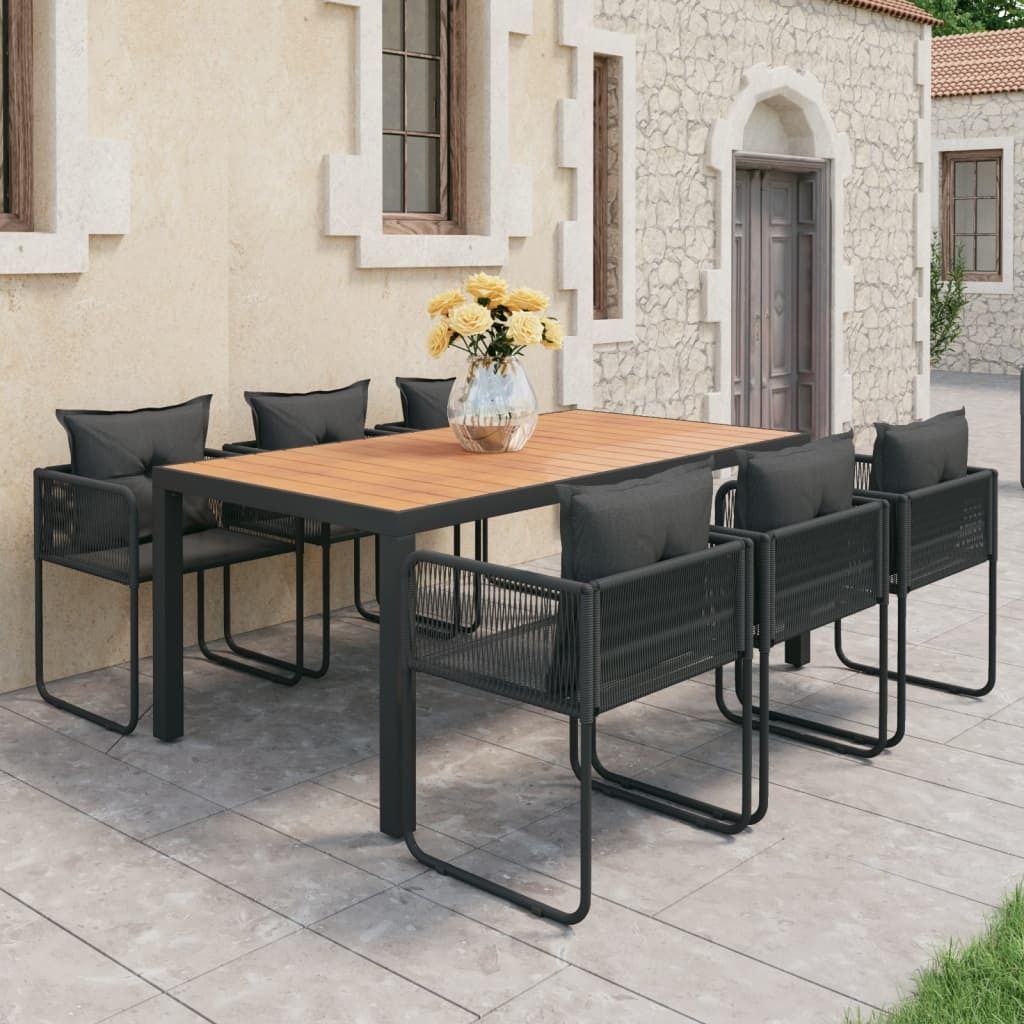 The Living Store 7-tlg. Garten-Essgruppe PVC Rattan Schwarz und Braun