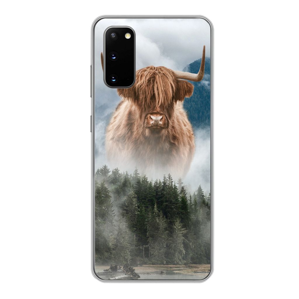 MuchoWow Handyhülle Schutzhülle Hülle für Samsung Galaxy S20 Schottische Highlander - Kühe - Nebel Silikon Softcase Handy Hülle - Bild