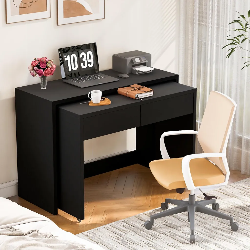 Bureau Merax 2 en 1 à roulettes avec plateau extensible noir en L