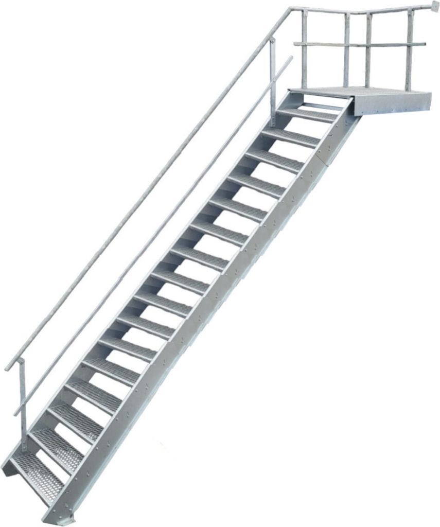 A metal staircase with a railing and platform, isolated on a white background.