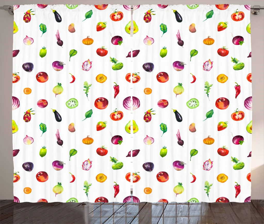 ABAKUHAUS Tenda rustica con motivi vegetali, pomodoro, melanzana, peperone, tenda per camera da letto con passanti e ganci, 280 x 175 cm, multicolore